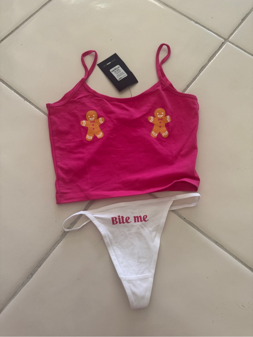 Fashion Nova Hot Pink Gingerbread Graphic Crop Tank & White 'Bite Me' Thong Duo